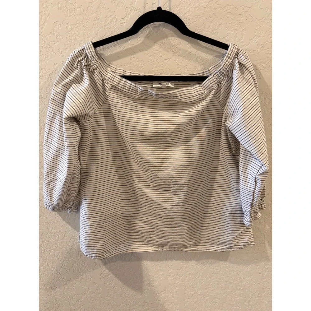 Madewell Blue White Striped Off The Shoulder Puff Sleeve Blouse Top Mens Size M